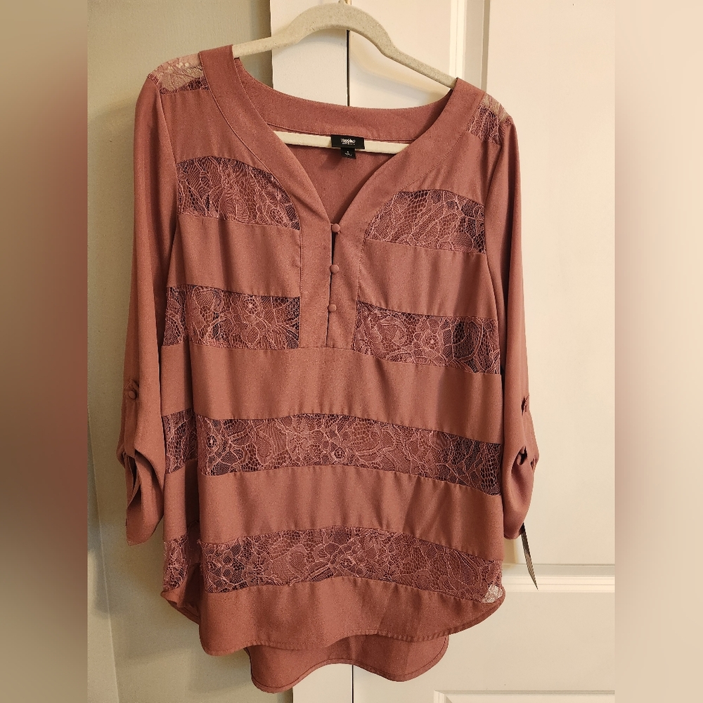 Mossimo (Target) Roll Tab Sleeve Blouse with Sheer Lacy Cutout Pattern